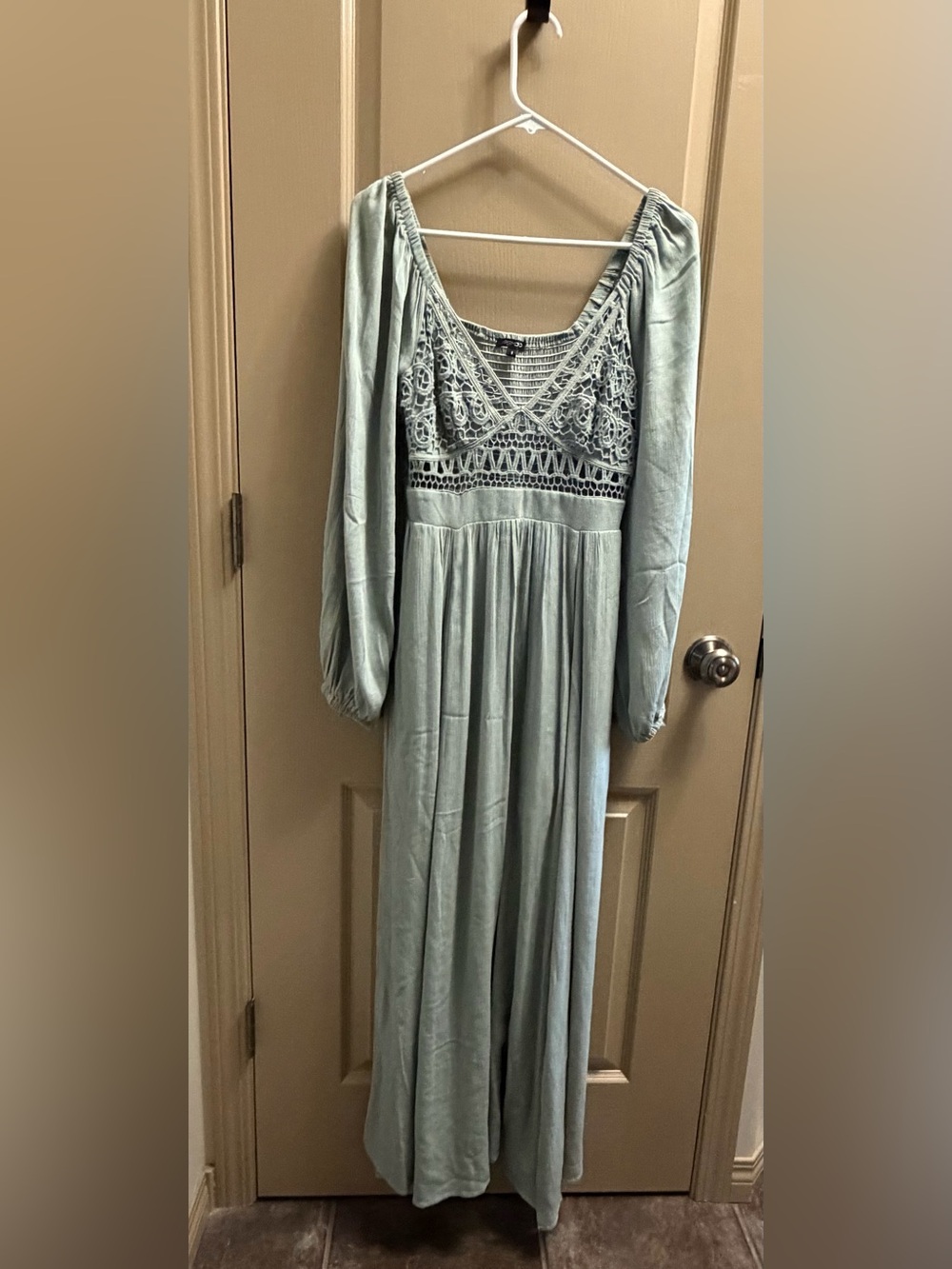 Papermoon Sage Green Crochet Boho Maxi Dress Long Sleeve Small